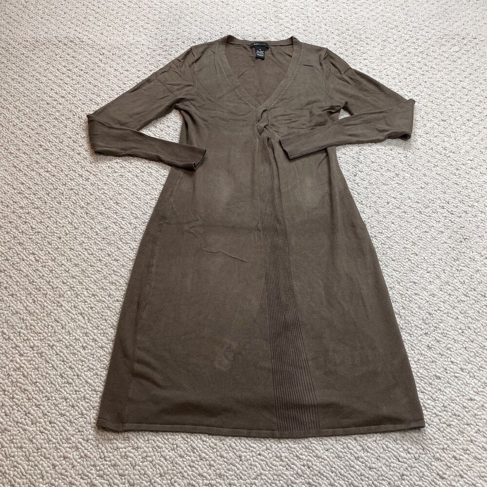 BCBG Maxazria Dress Womens Medium Brown Rayon Long Sleeve Midi Shirt V Neck